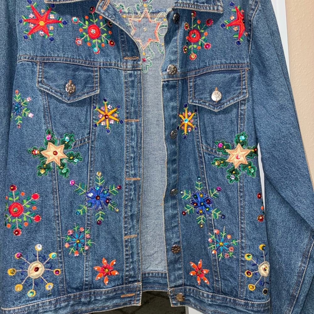 Embroidered Denim Jacket with Colorful Floral Design